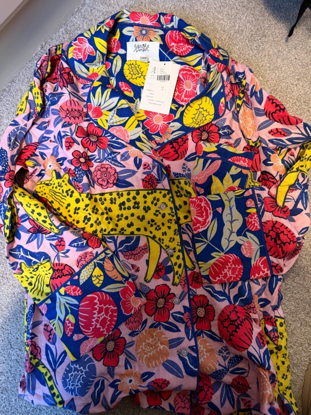 Anthropologie Pink Navy Yellow Floral & Leopard Print Pajama Top